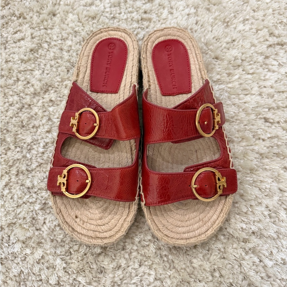 NEW! Tory Burch Red Leather Espadrilles Slides with Gold Accents
